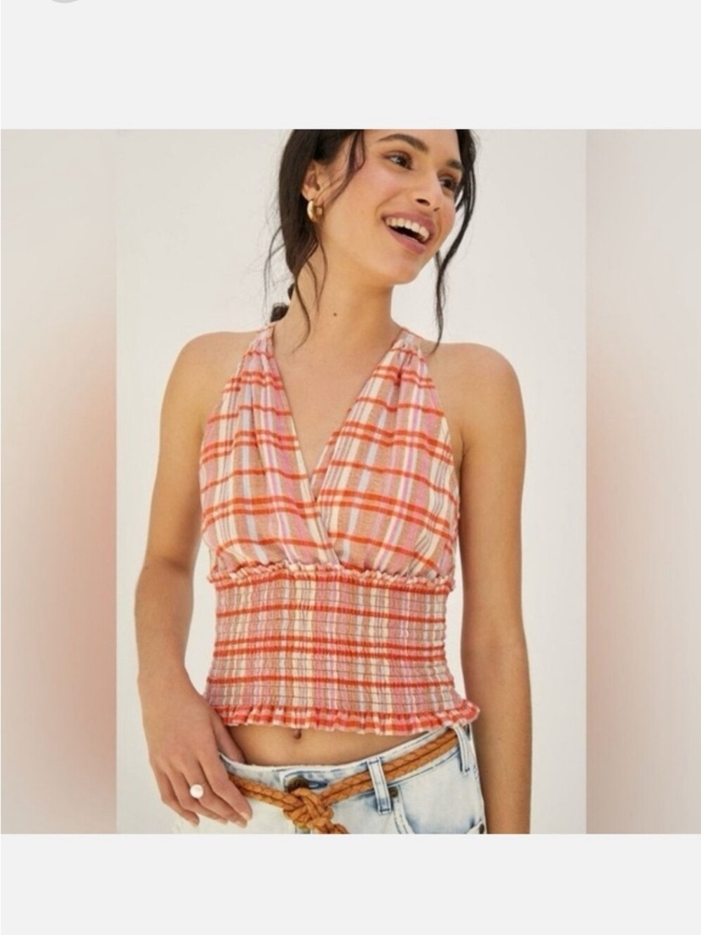 Anthropologie Pink and Orange Plaid Smocked Halter Tank
